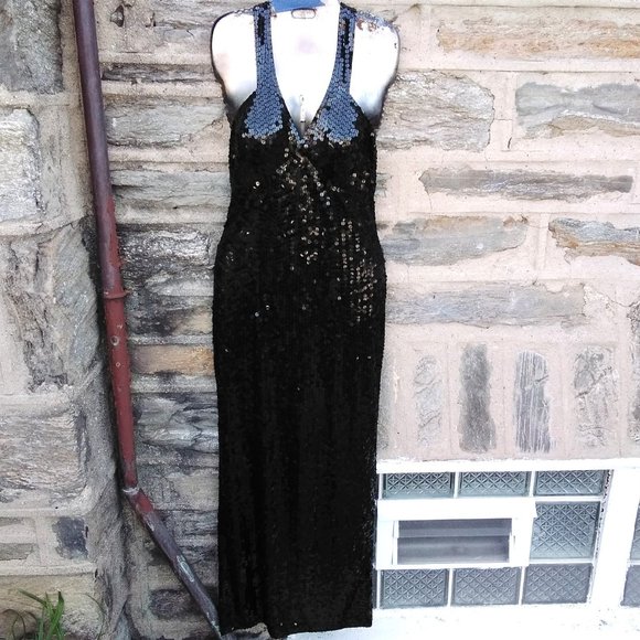 ADRIANNA PAPELL Black Sequin Evening Gown Dress - Picture 3 of 17